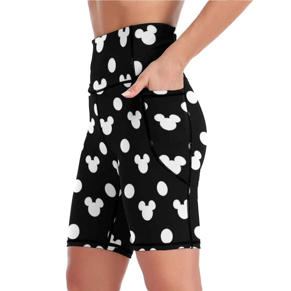 Black With White Mickey Polka Dots Women's Knee Length Athletic Yoga Shorts With Pockets