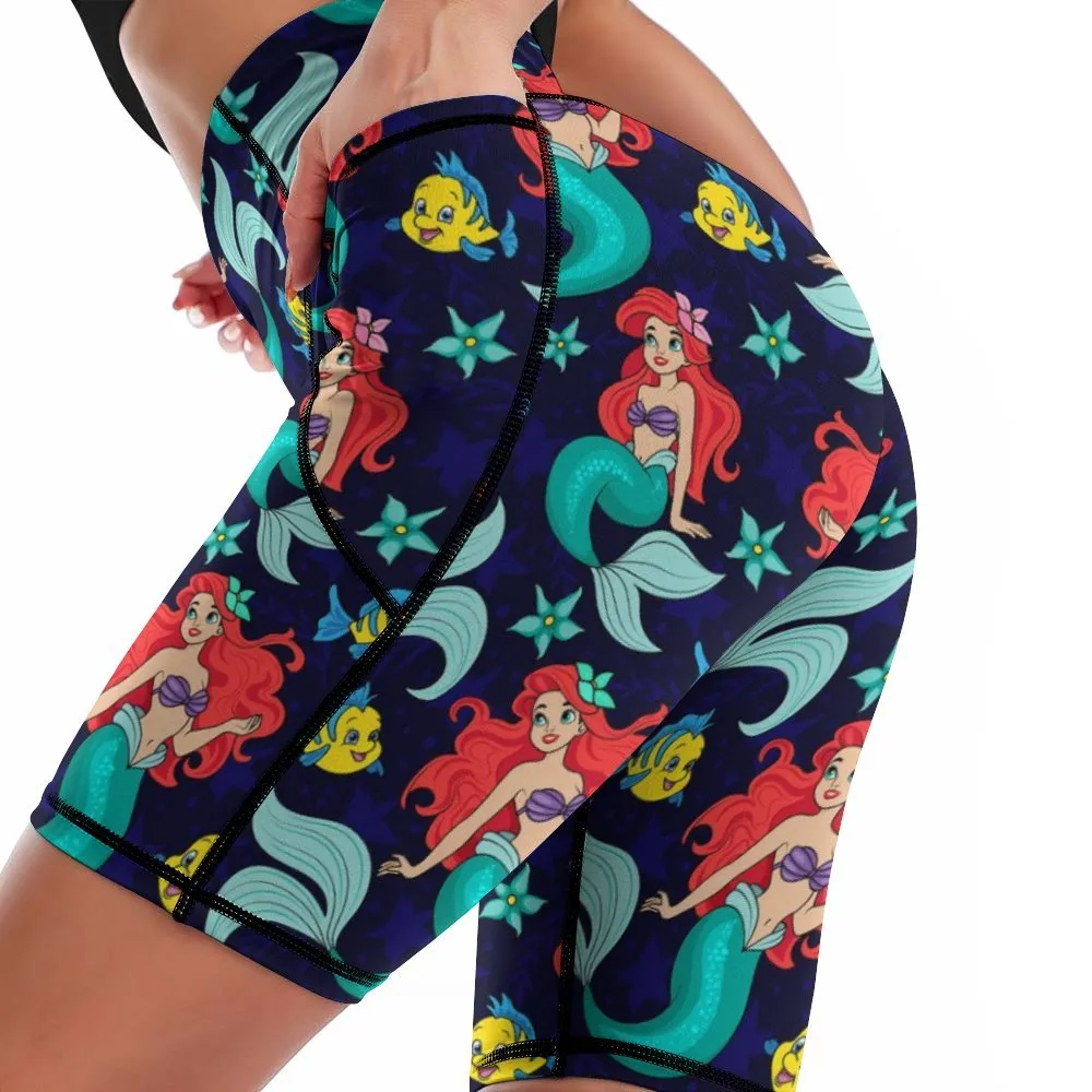 Disney Little Mermaid I Want To Be Where The People Are Women's Knee Length Athletic Yoga Shorts With Pockets