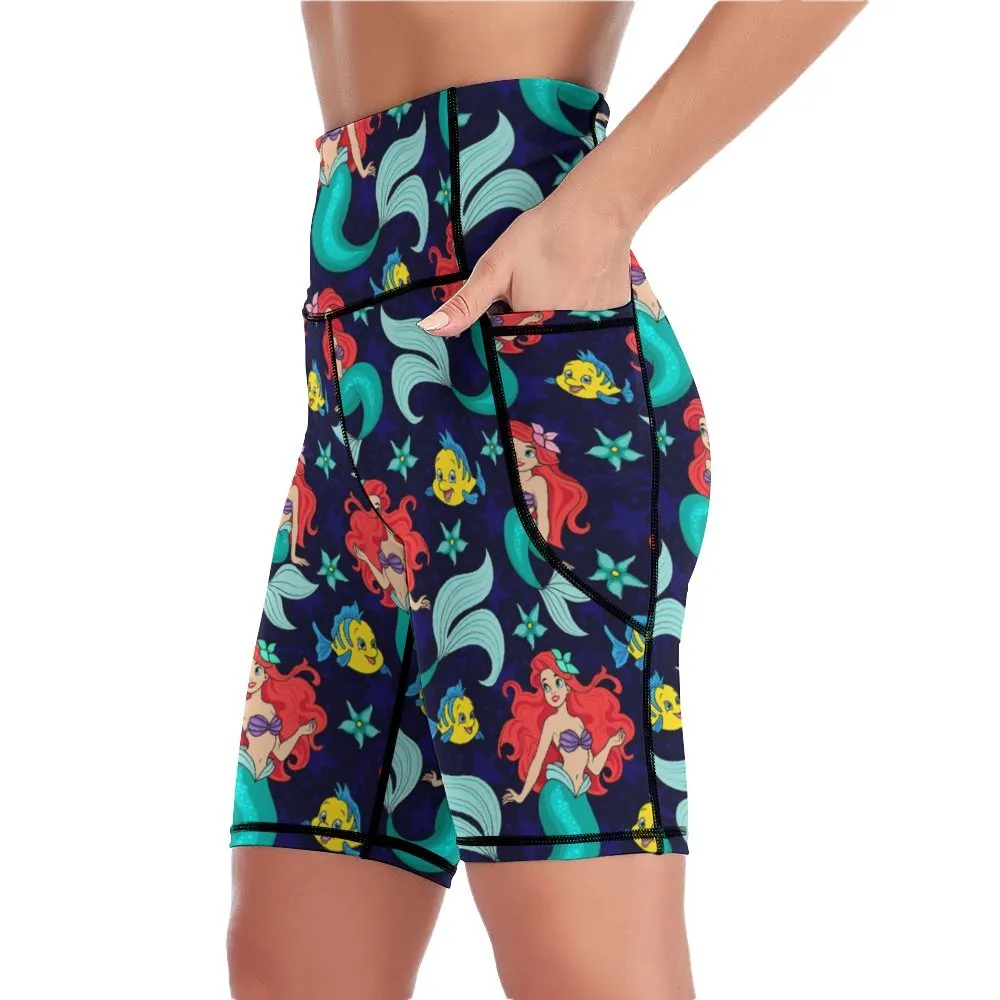 Disney Little Mermaid I Want To Be Where The People Are Women's Knee Length Athletic Yoga Shorts With Pockets