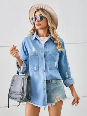 Distressed Raw Hem Dropped Shoulder Denim Jacket