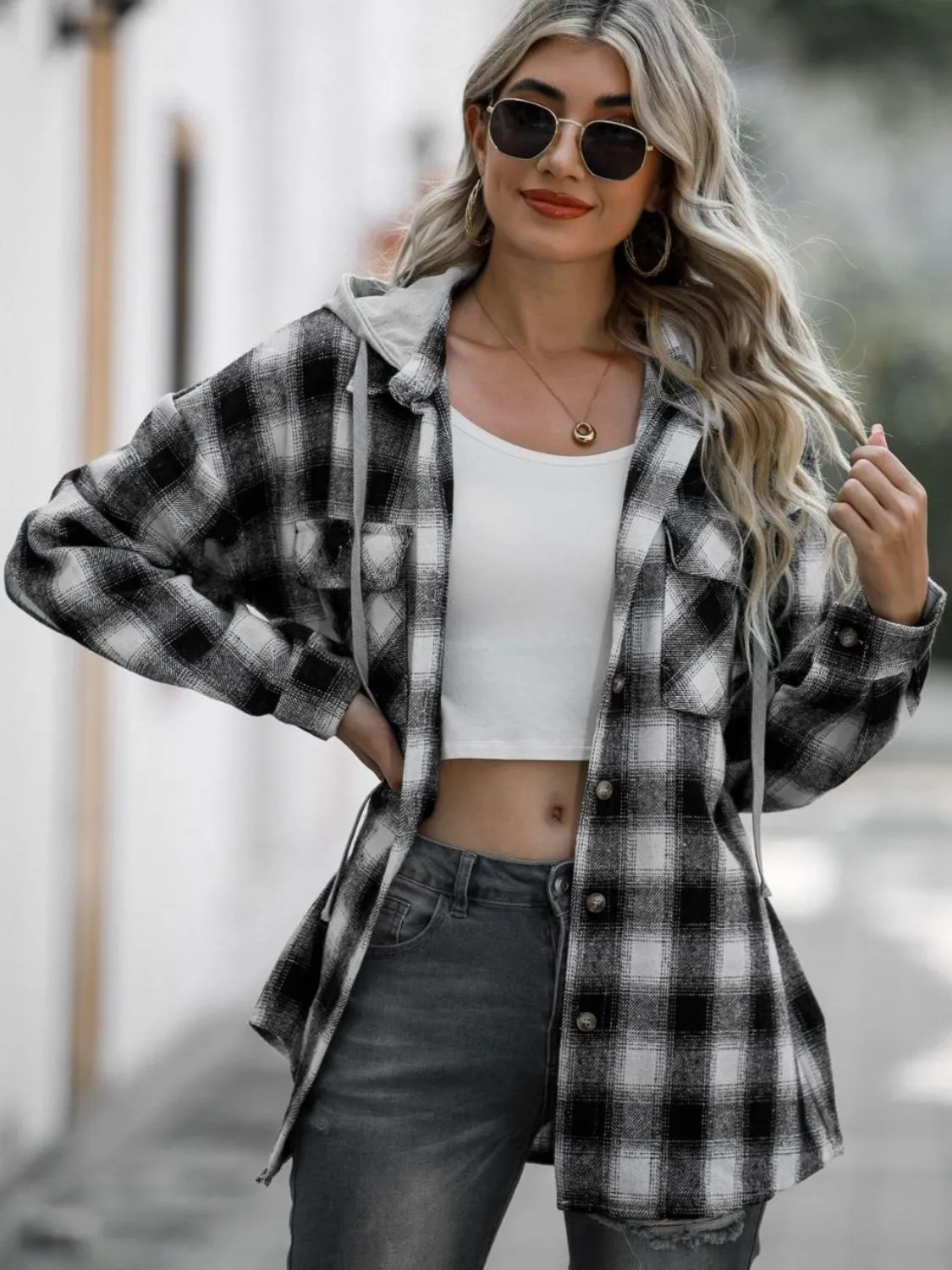 Drawstring Plaid Long Sleeve Hooded Shacket