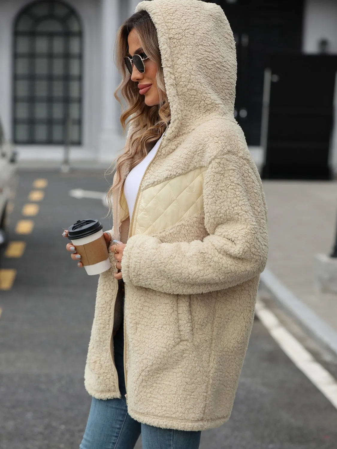 Fuzzy Zip Up Long Sleeve Hooded Jacket