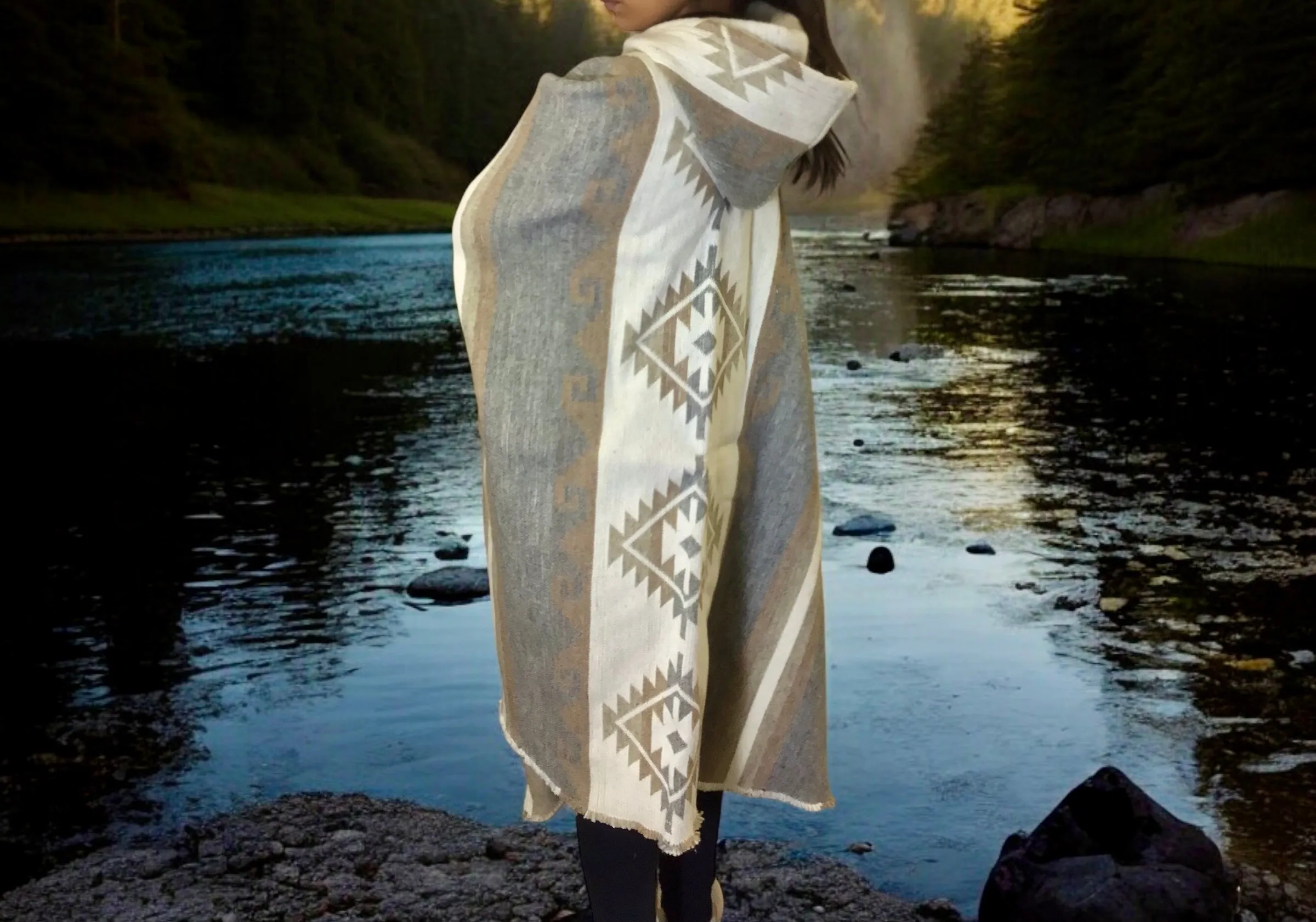 Grey and white AZTEC Wool Ponchos