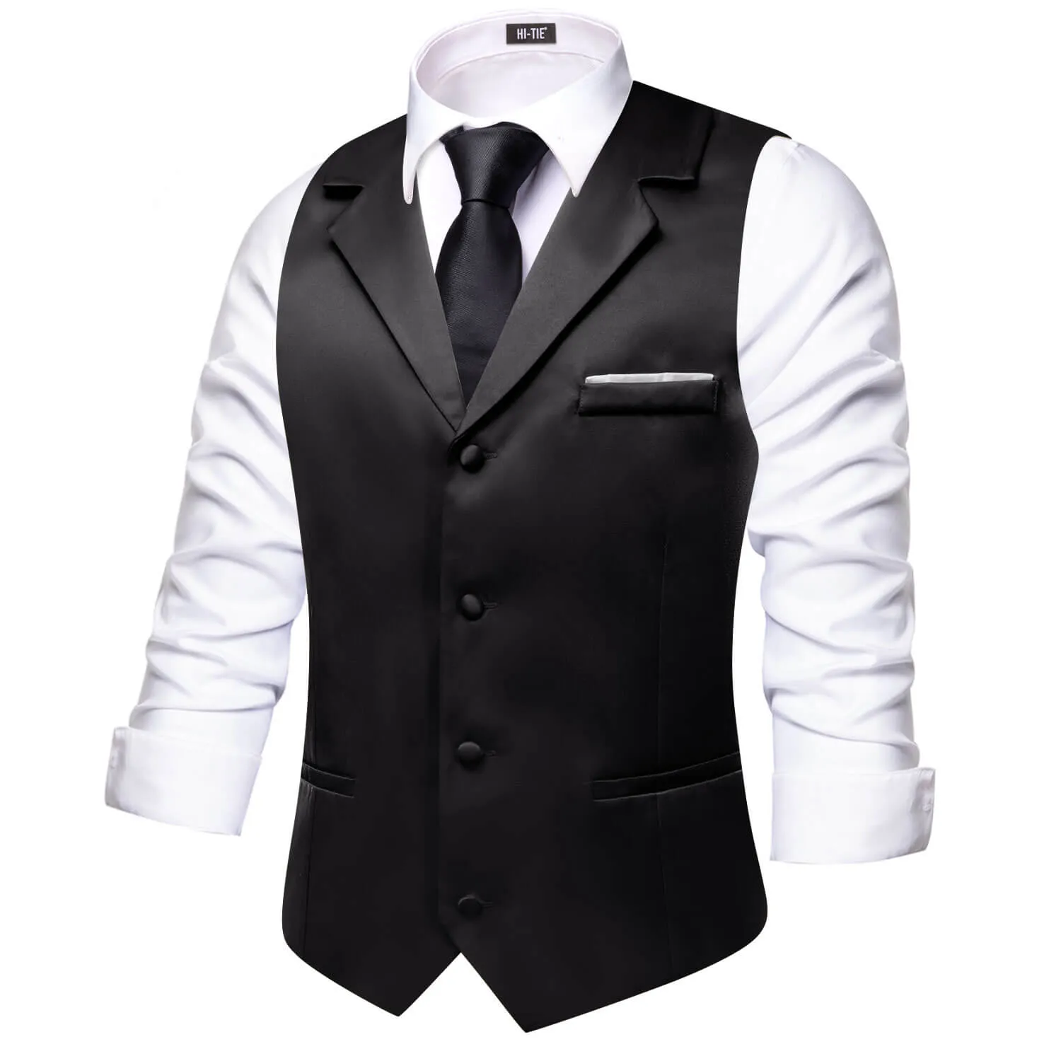 Hi-Tie Black Waistcoat Solid Notch lapels Men's Vest