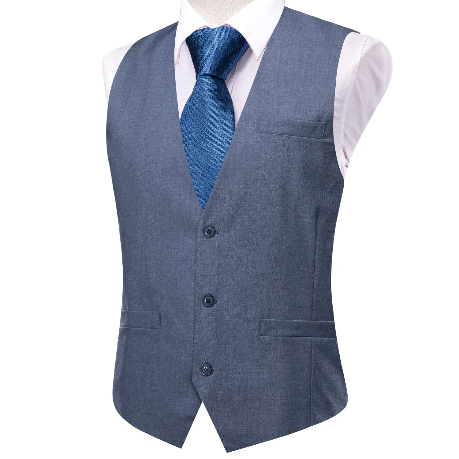 Hi-Tie Wedding Waistcoat Haze Blue Solid Silk Style Men's Single Vest