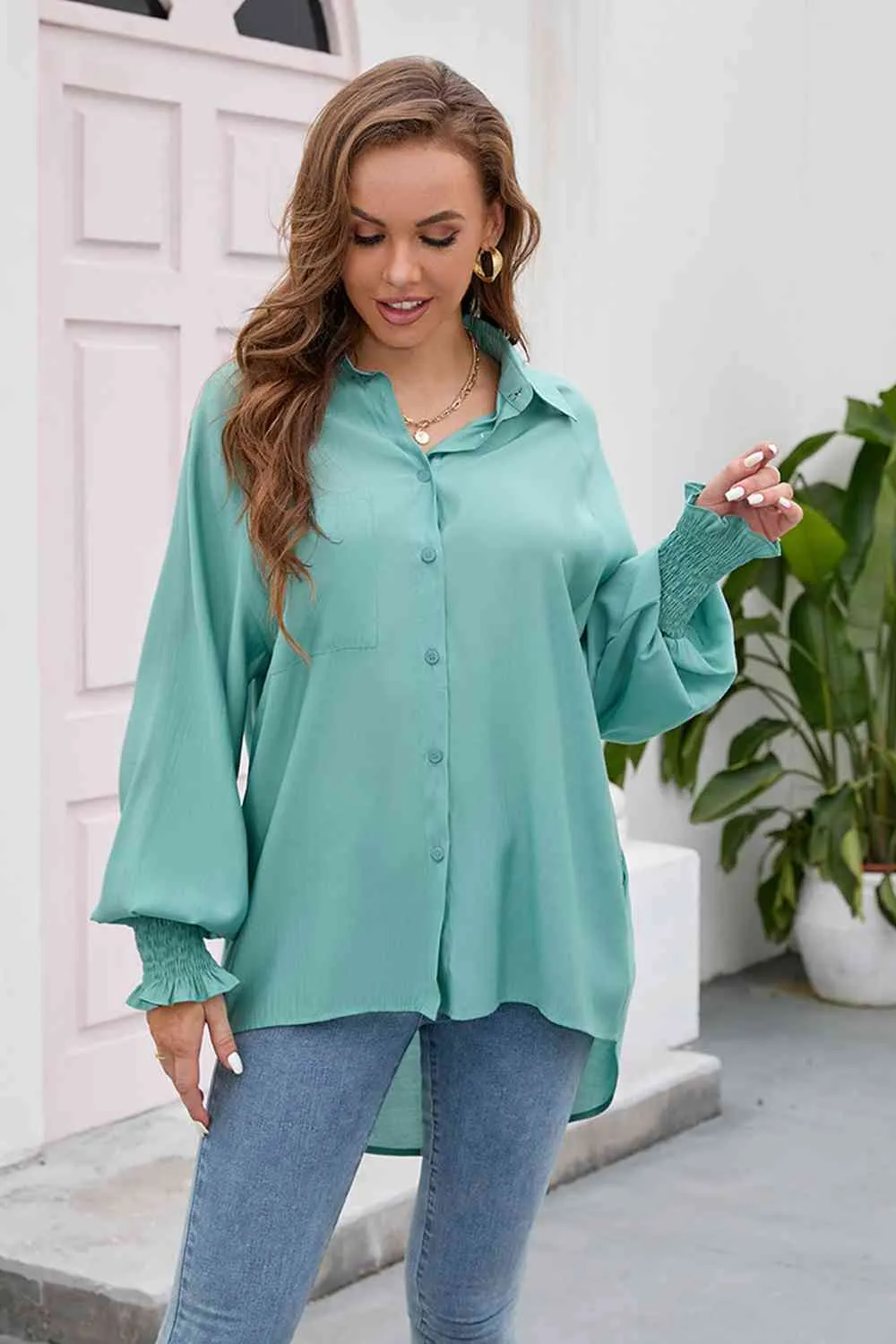 High-Low Collared Neck Lantern Sleeve Shirt