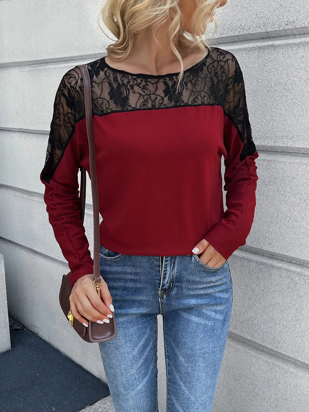 Lace Long Sleeve Round Neck Tee