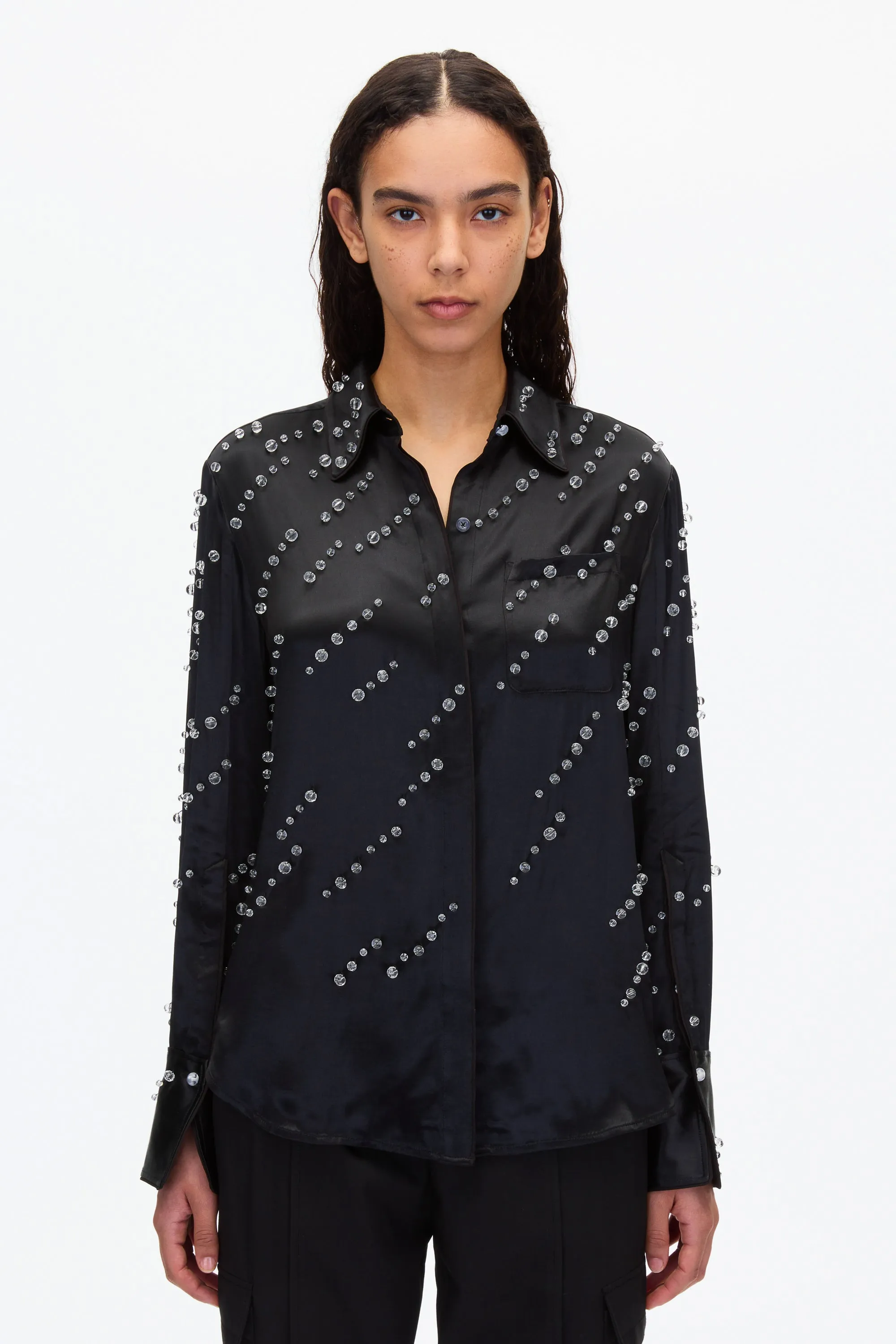 Liquid Satin PJ Shirt with Rainfall Embroidery