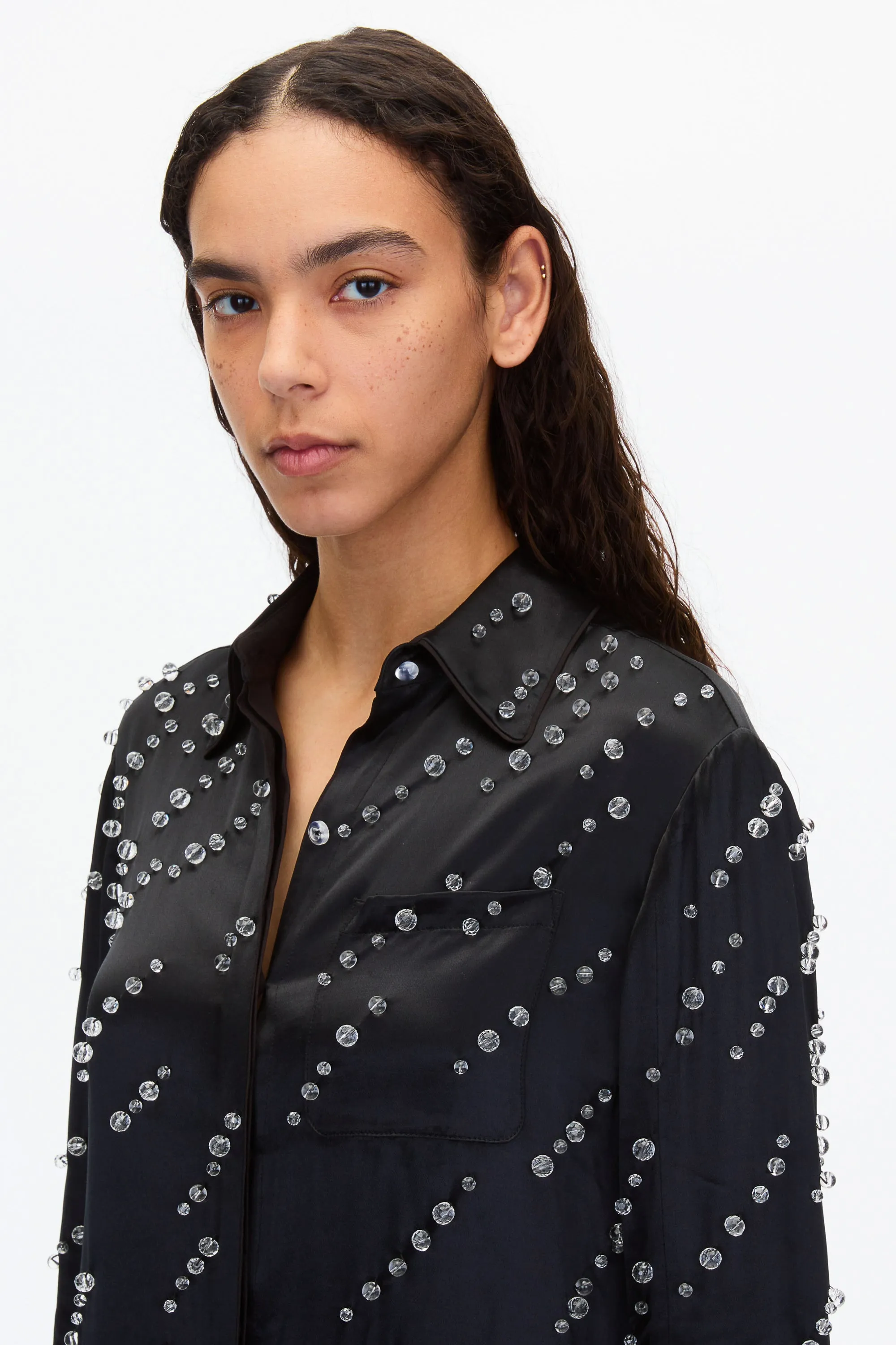 Liquid Satin PJ Shirt with Rainfall Embroidery