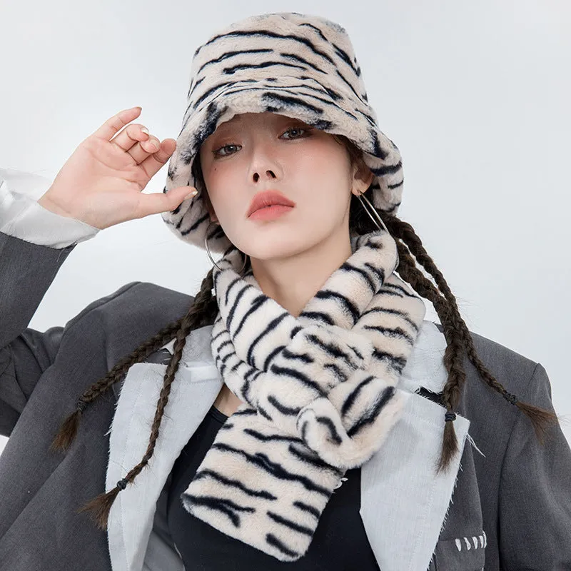 Men's and women's imitation rabbit fur fisherman hat scarf set tiger pattern warm hat scarf two-piece set