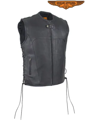 Mens Leather Motorcycle Club Vest With No Collar