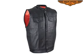 Men's Leather Motorcycle CLUB VEST with Red Liner