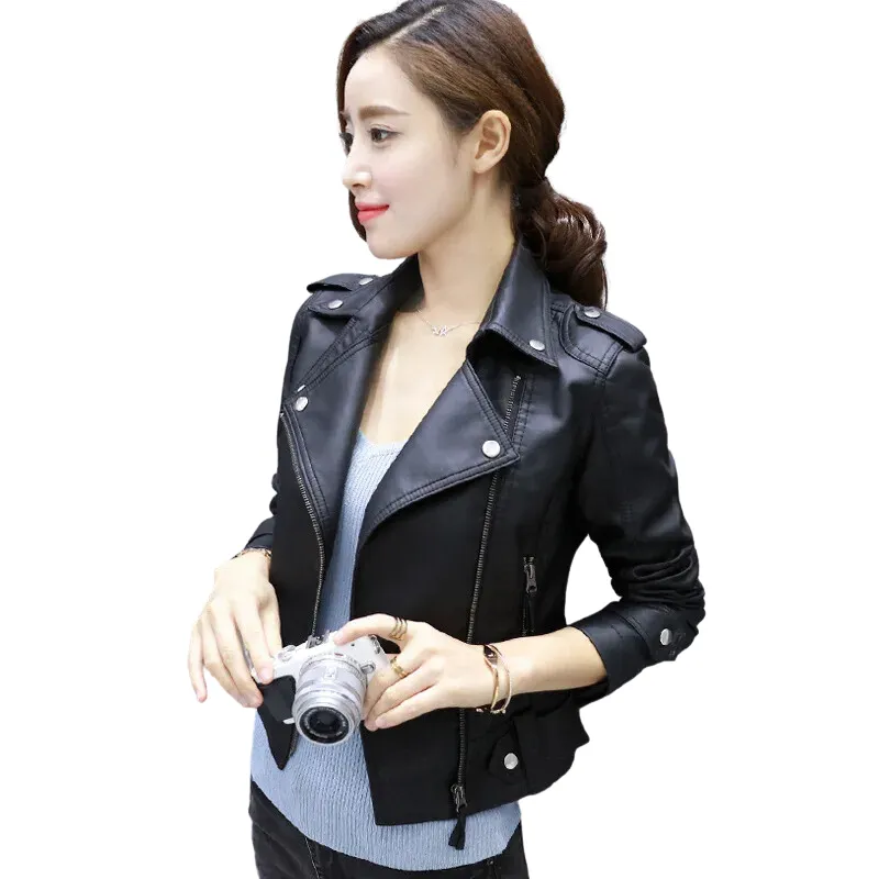 New Loose Leather Jacket Women Classic Moto Biker Jacket Spring Autumn Lady Basic Coat Plus Size Outerwear