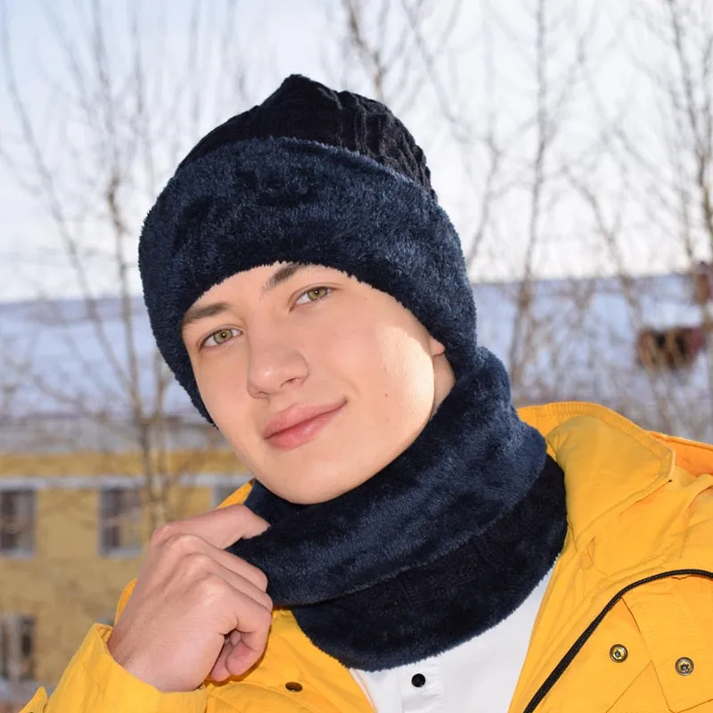 New Unisex Add Fleece Lined Winter Hat Wool Warm Knitted Hat Set Thick Soft Stretch Winter Hats For Men Women Leisure Beanie Cap