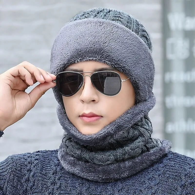 New Unisex Add Fleece Lined Winter Hat Wool Warm Knitted Hat Set Thick Soft Stretch Winter Hats For Men Women Leisure Beanie Cap