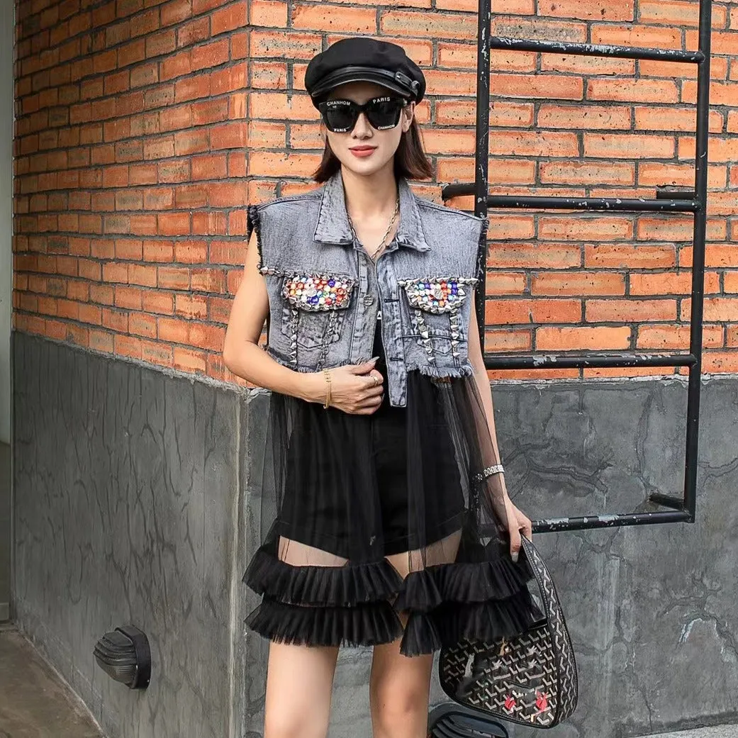 Patchwork Mesh Frayed Hem Denim Vest