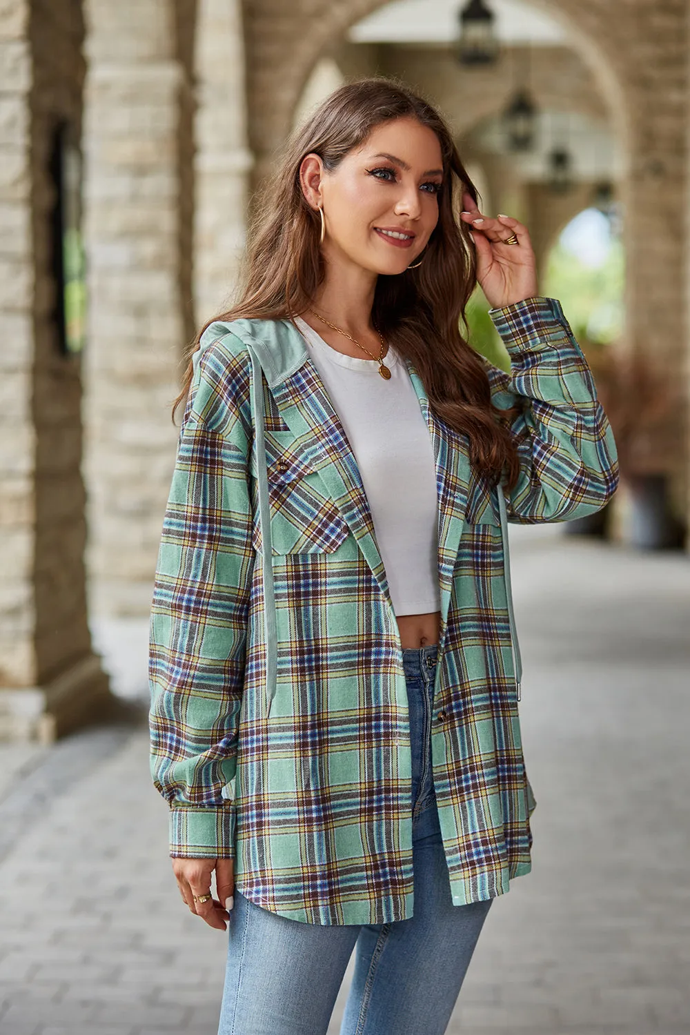 Plaid Long Sleeve Hooded Jacket