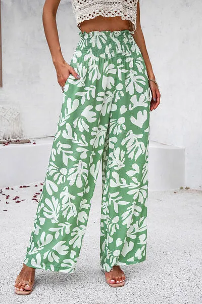 Smocked Printed Wide Leg Pants with Pockets