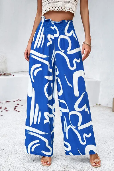 Smocked Printed Wide Leg Pants with Pockets