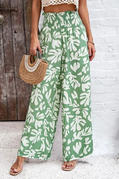 Smocked Printed Wide Leg Pants with Pockets