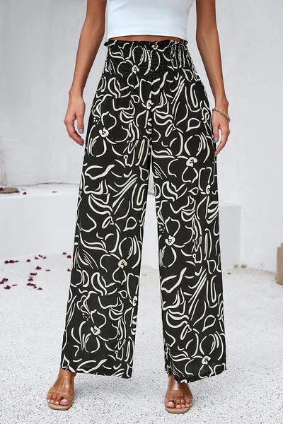 Smocked Printed Wide Leg Pants with Pockets