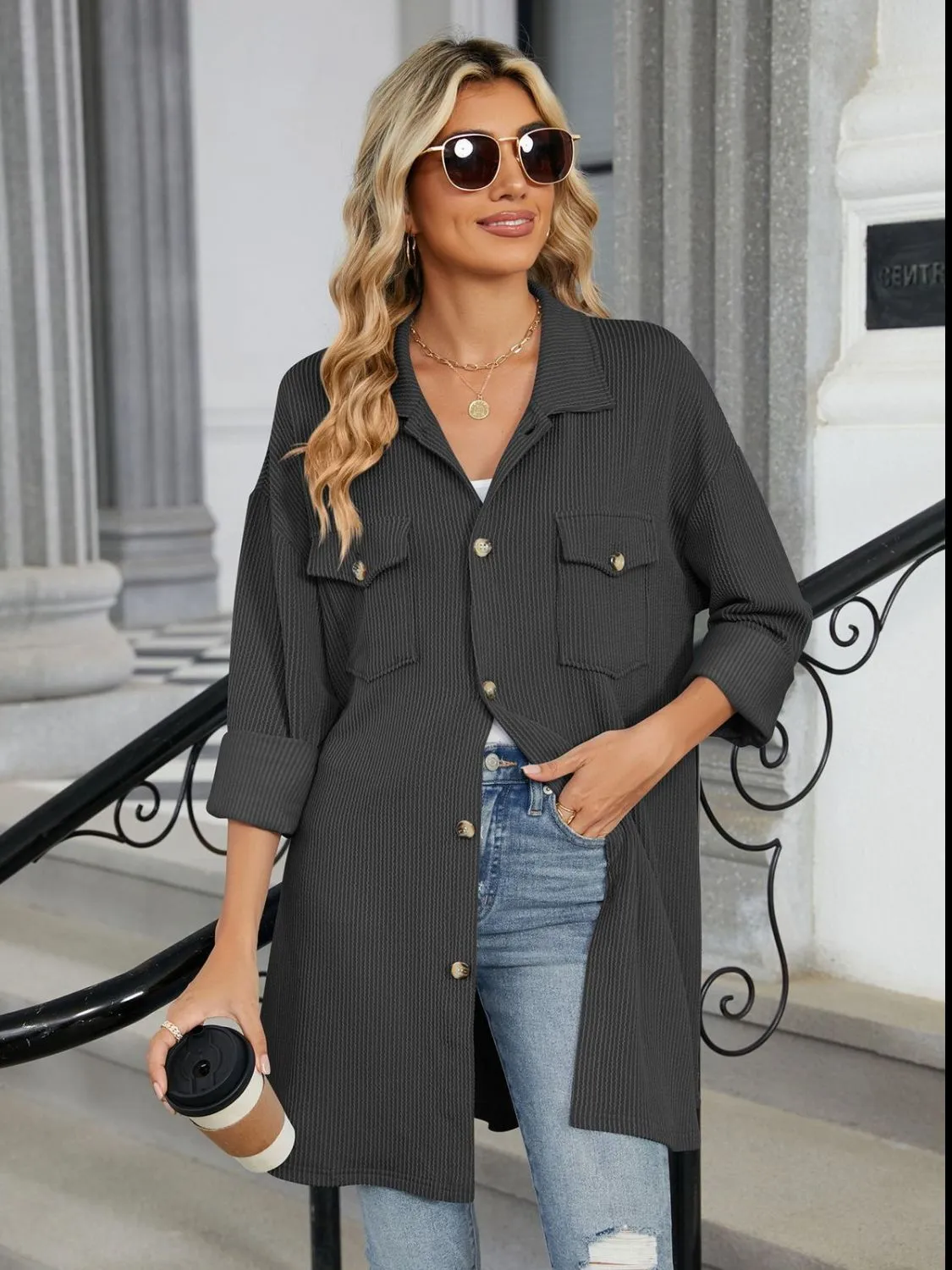 Textured Pocketed Collared Neck Long Sleeve Shirt