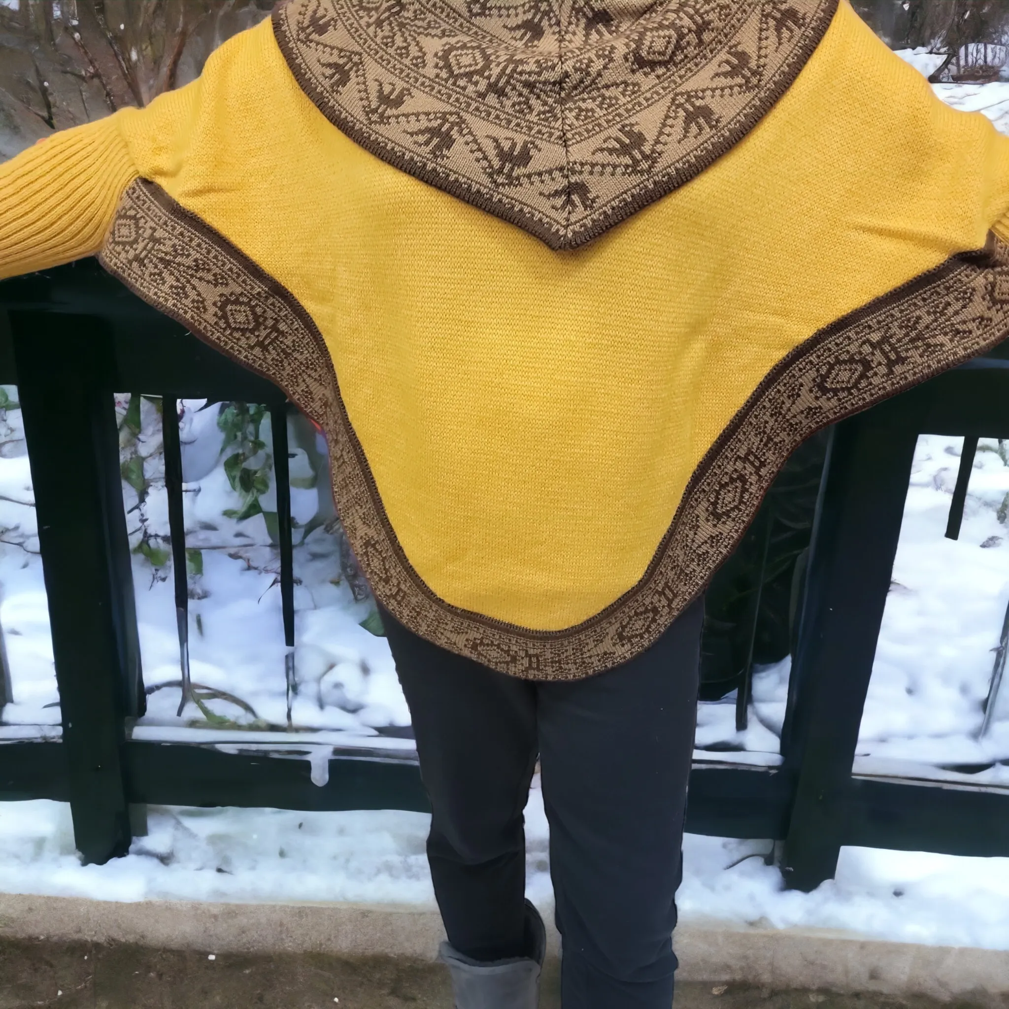 Yellow poncho with sleeves is knit of alpaca fibers #0028