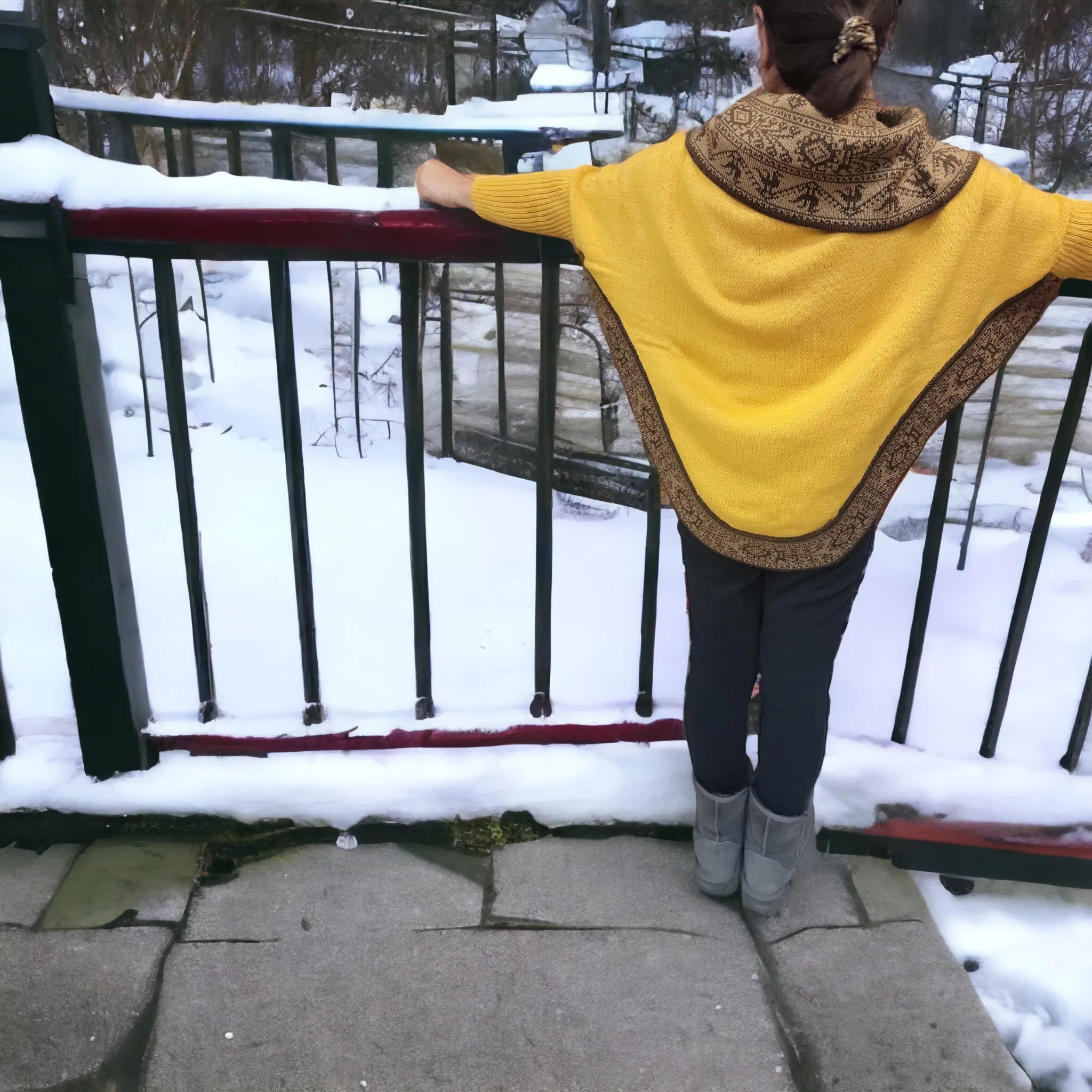 Yellow poncho with sleeves is knit of alpaca fibers #0028